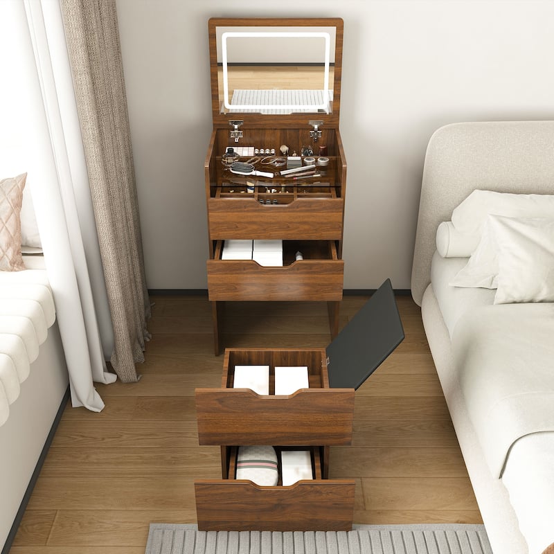 Anmytek Compact Vanity Desk with Flip-Top LED Mirror & Stool Walnut Finish 4-Drawer Nightstand