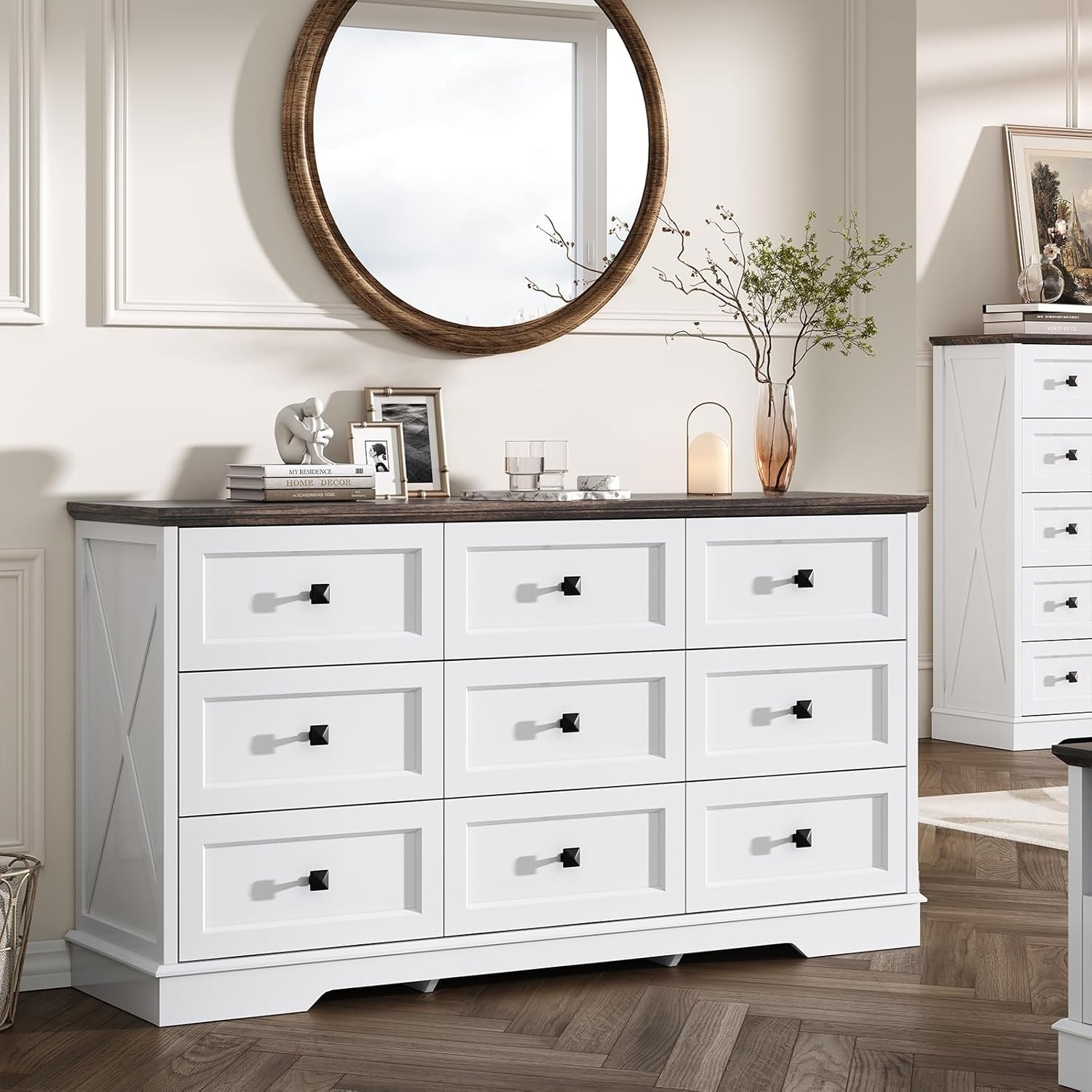 White 9-Drawer Farmhouse Dresser with X-Design, Multi-Functional Storage Cabinet for Bedroom, Hallway & Living Room