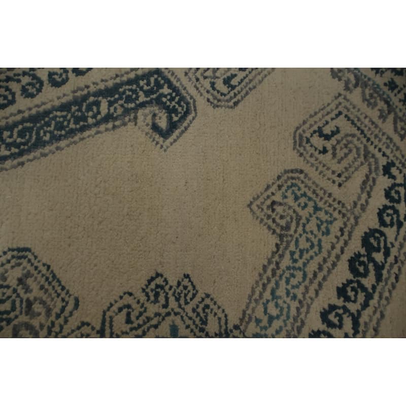 Hand Knotted Oriental 100% Wool Carpet Modern Geometric Beige & Ivories Contemporary Runner Rug - 9' 0'' X 2' 3''