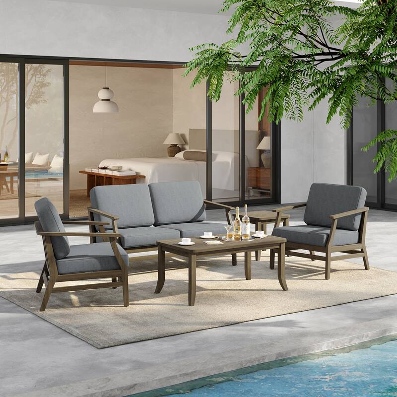 5-Piece Outdoor Teak Wood Patio Conversation Set with Cushions