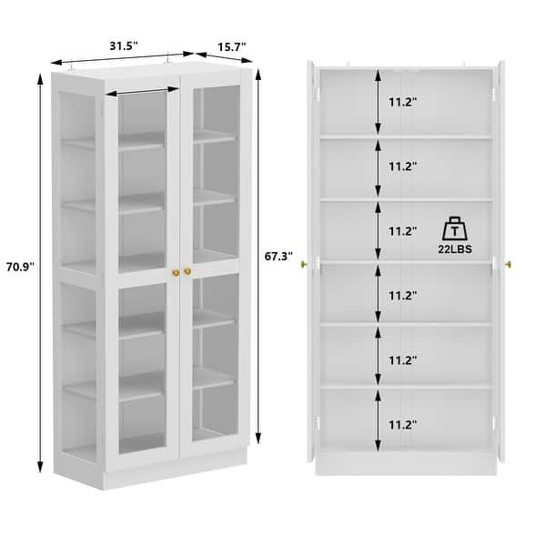 dimension image slide 1 of 4, Glass Cabinet White Display Curio Storage Cabinet with Glass Doors