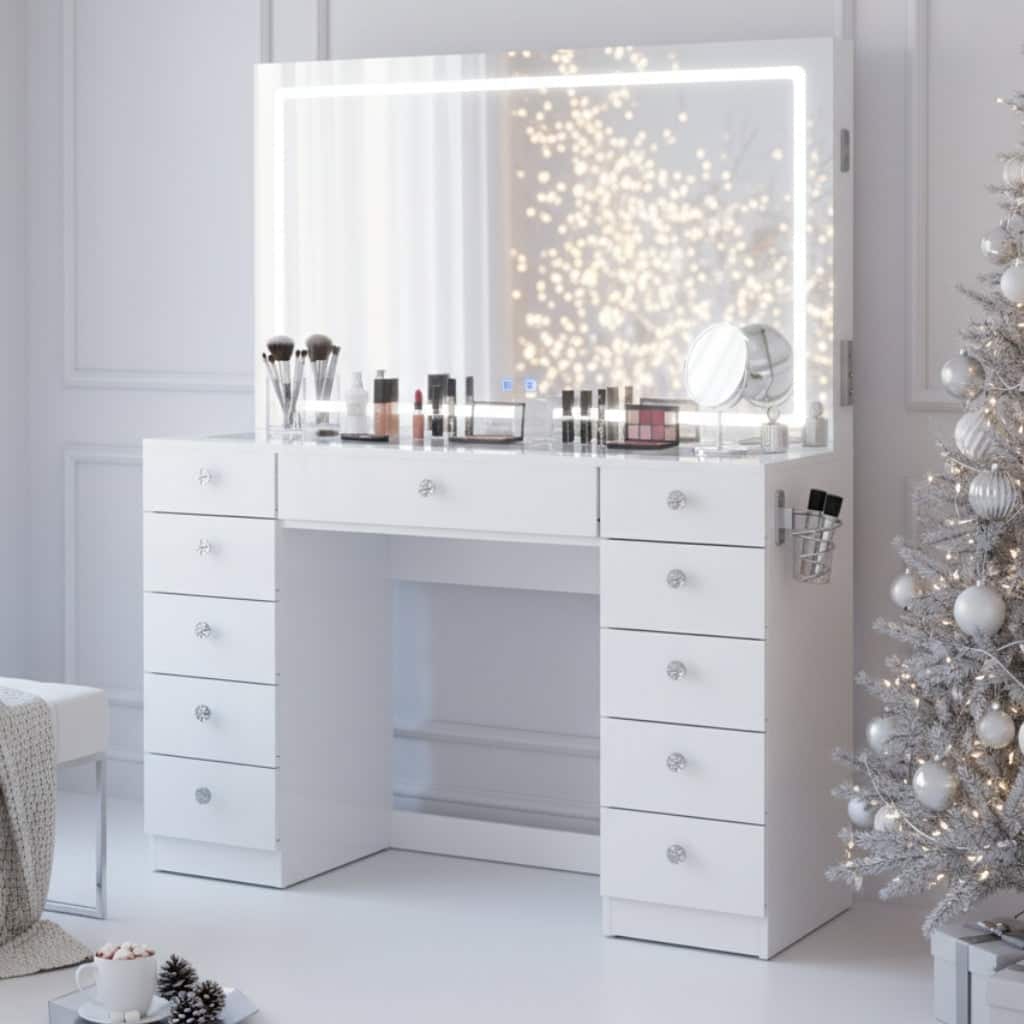 Boahaus Smart Vanity Desk with LED Mirror & Bluetooth Speakers