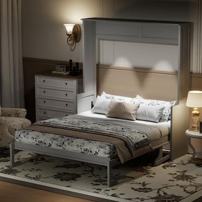 Foldable Platform Bed Frame with Desk, LED Lights and USB Charging Station Space Saving Bed, Queen Size Murphy Bed