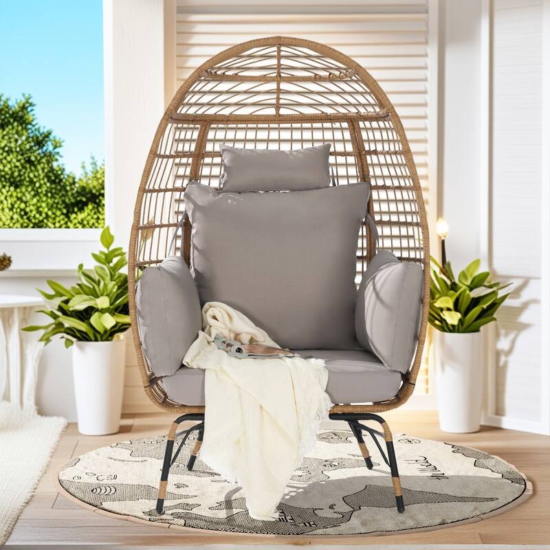 Luxury All-Weather Egg Chair, Oversized Rattan Hanging Chair for Patio, Balcony & Backyard, 6" Thick Fade-Resistant Cushions - LightGrey