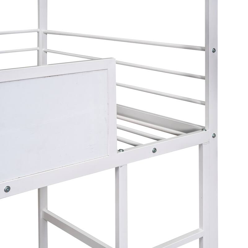 Twin Size Metal Loft House Shaped Platform Bed with Slide and Writable Wooden Board, Fun and Functional for Kids Bedrooms