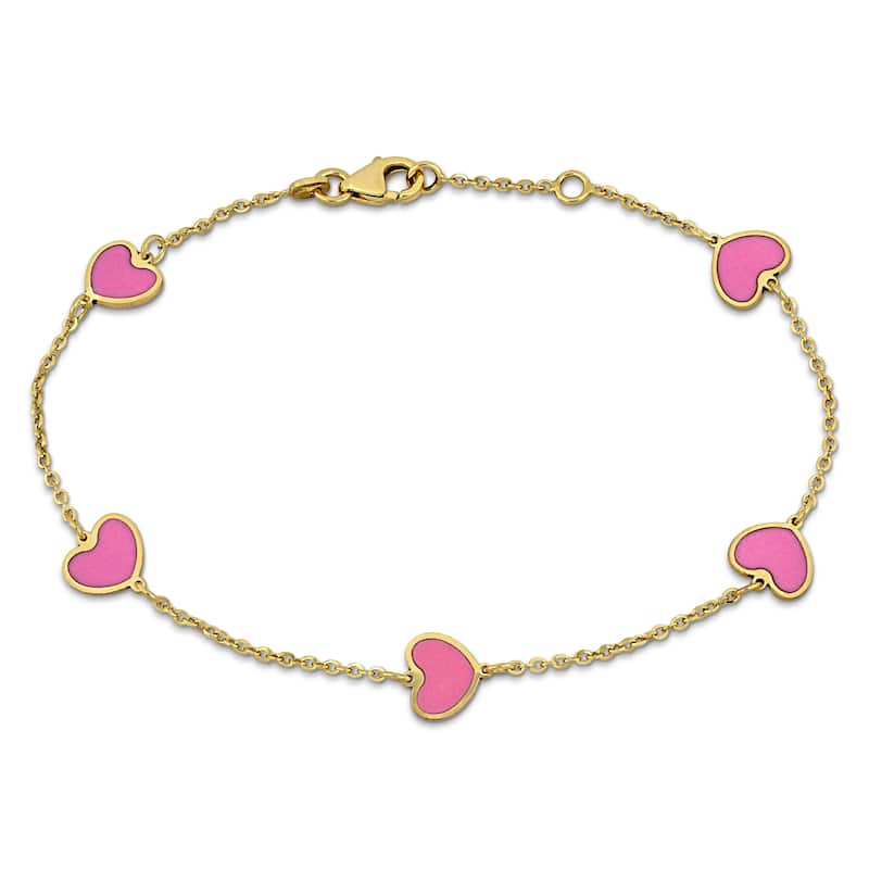Miadora Pink Enamel Heart Station Bracelet 14K Yellow Gold