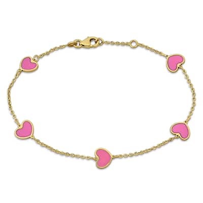 Miadora Pink Enamel Heart Station Bracelet 14K Yellow Gold