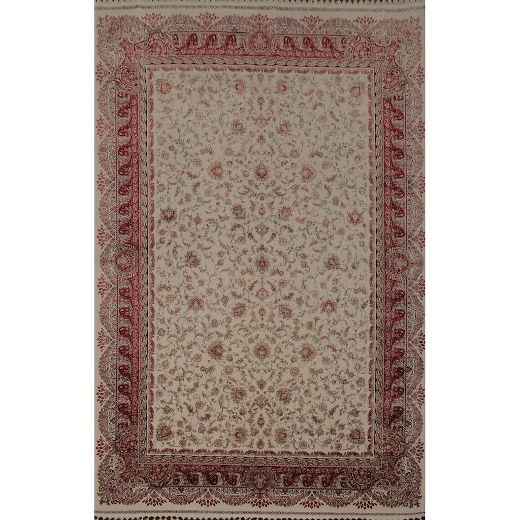 Machine Made Oriental 90% Silk - 10% Polyester Carpet Traditional All-Over Beige & Ivories Qum Area Rug - 9' 10'' X 6' 6''