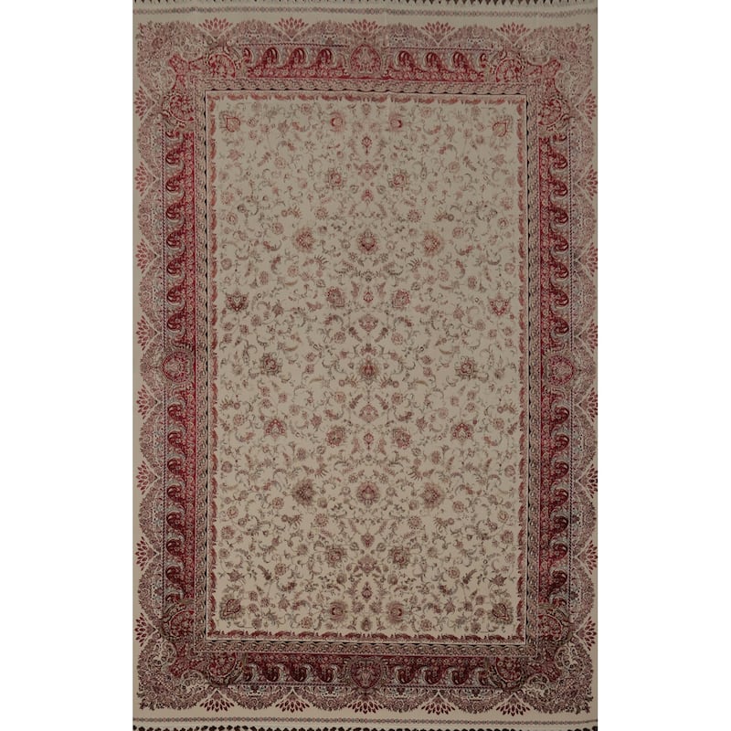 Machine Made Oriental 90% Silk - 10% Polyester Carpet Traditional All-Over Beige & Ivories Qum Area Rug - 9' 10'' X 6' 6''