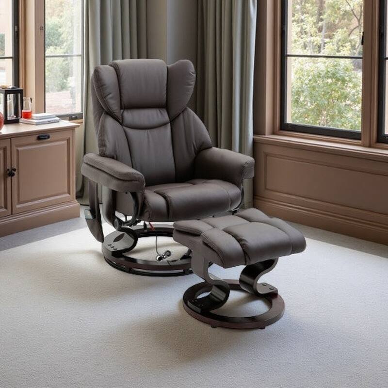 Small Faux Leather Recliner with Ottoman, 10-Zone Massage, 360° Swivel, and Remote Control - Brown
