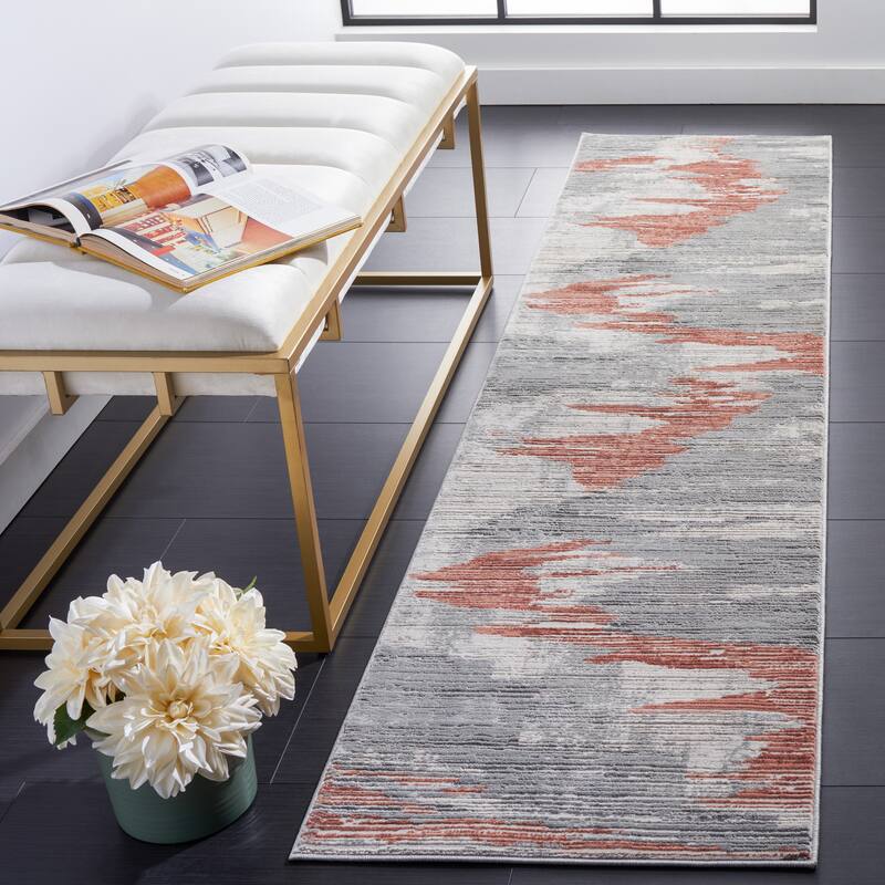 SAFAVIEH Invista Geralyn Modern Abstract Rug - 2' x 8' Runner - Light Grey/Rust