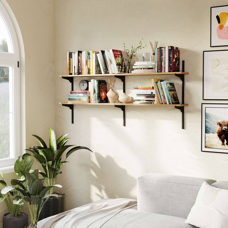 Wallniture Turin 54" Wall Mounted Shelves with Adjustable Brackets, Floating Shelves for Living Room & Office Decor, 2,3,4 Tier - 2 Tier