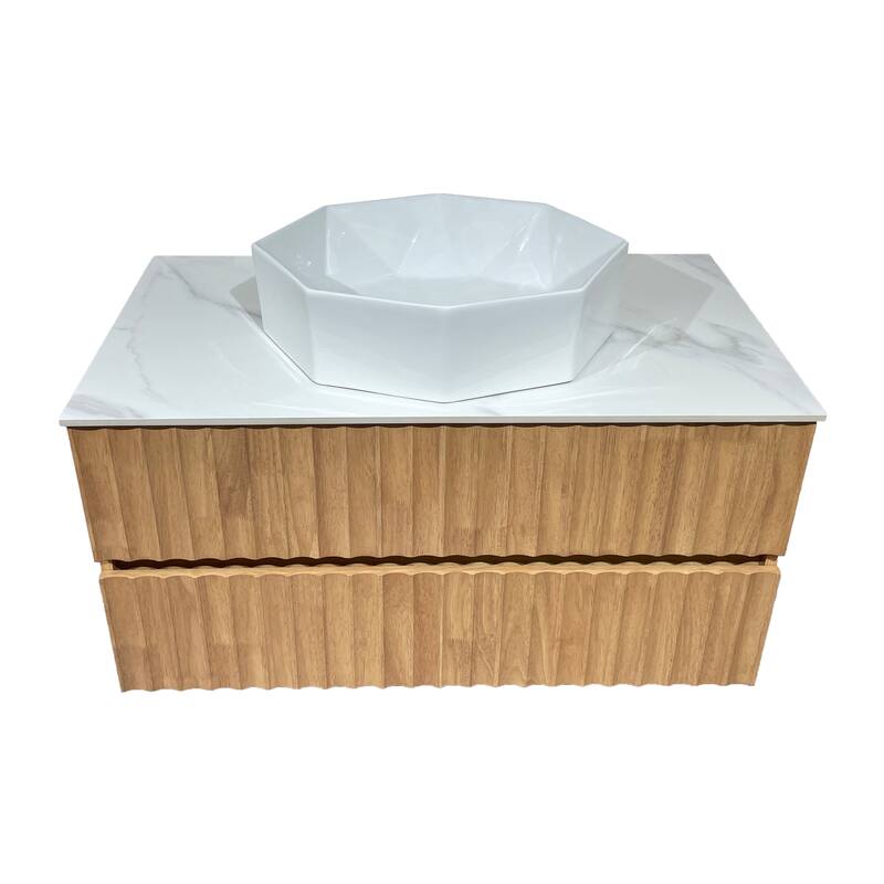 35.43" Floading Single Bathroom Vanities, With 2 Drawers, Glossy Sintered Stone Top, Light Wood