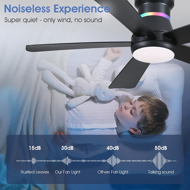 52 Inches RGB Flush Mount Ceiling Fan with Light and Remote,DC Motor,for Living Room Bedroom - 52 Inches