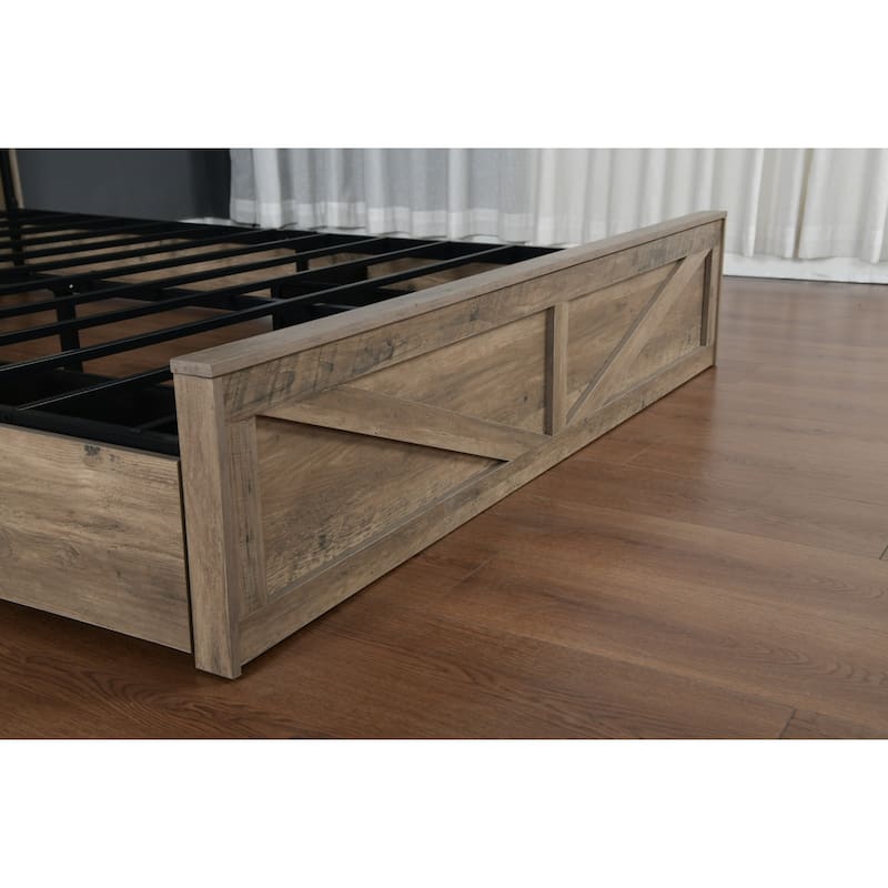 King/Queen Farmhouse Bed Frame with LED Lights, Charging Station & Barn Door Storage