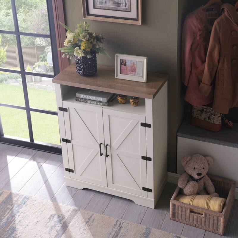 Shoe Storage Cabinet with Barn Doors, 6-Tiers Shoe Rack Organizer, Shoe Cabinet with Open Shelf & Adjustable Shelf