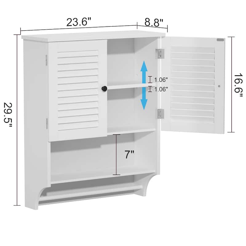 Wall-Mounted Bathroom Cabinet with Louvered Doors, Open Shelf, Adjustable Shelves & Towel Bar,White