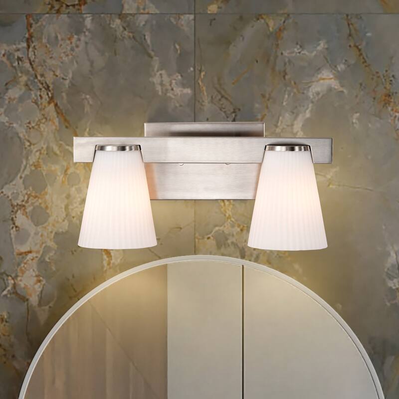 Royale 2 Light Vanity Brushed Nickel Finish Ribbed White Glass - Brushed Nickel