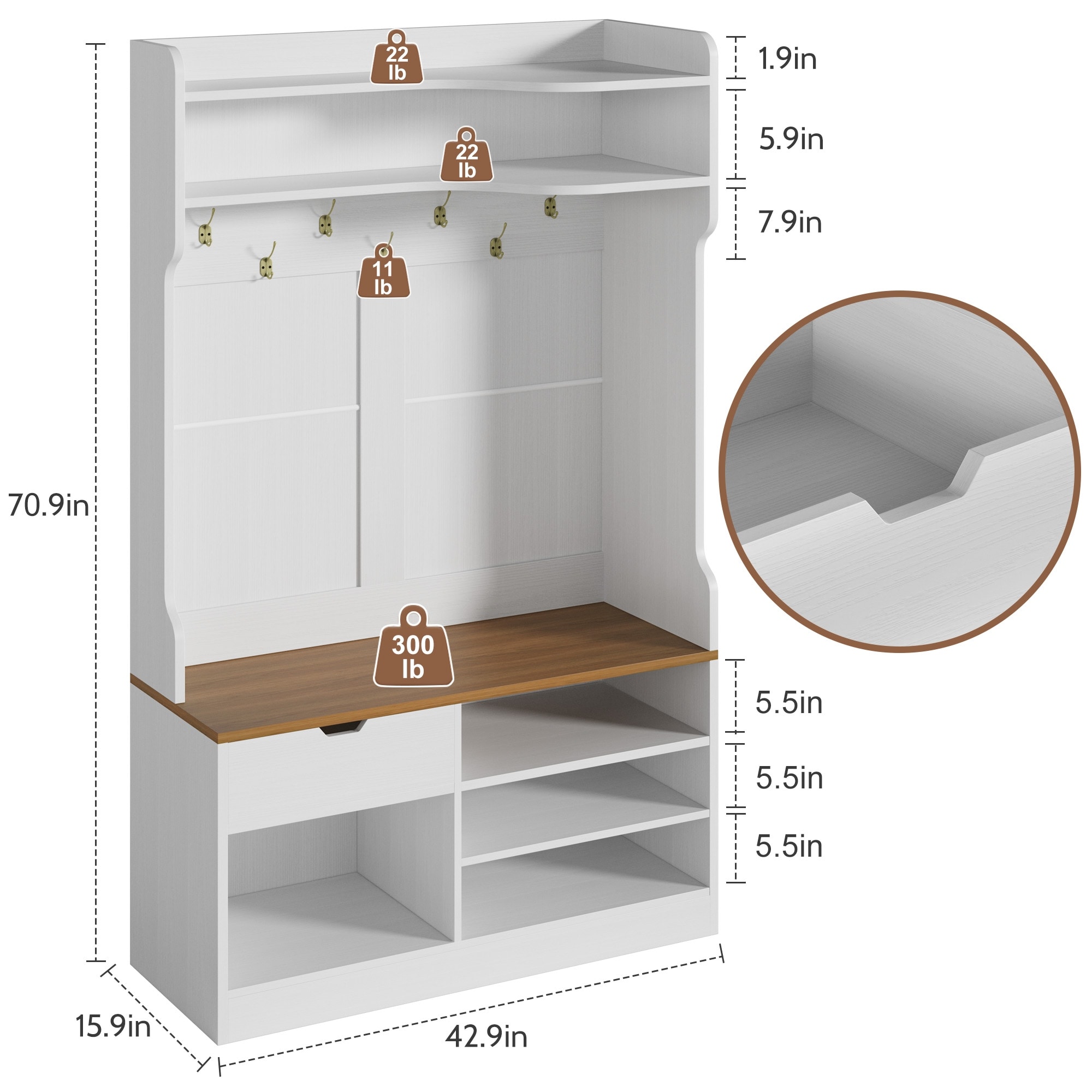 5-in-1 Hall Tree with Bench, Flip Shoe Cabinet, Drawer & 7 Hooks