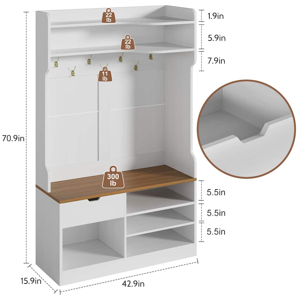 5-in-1 Hall Tree with Bench, Flip Shoe Cabinet, Drawer & 7 Hooks
