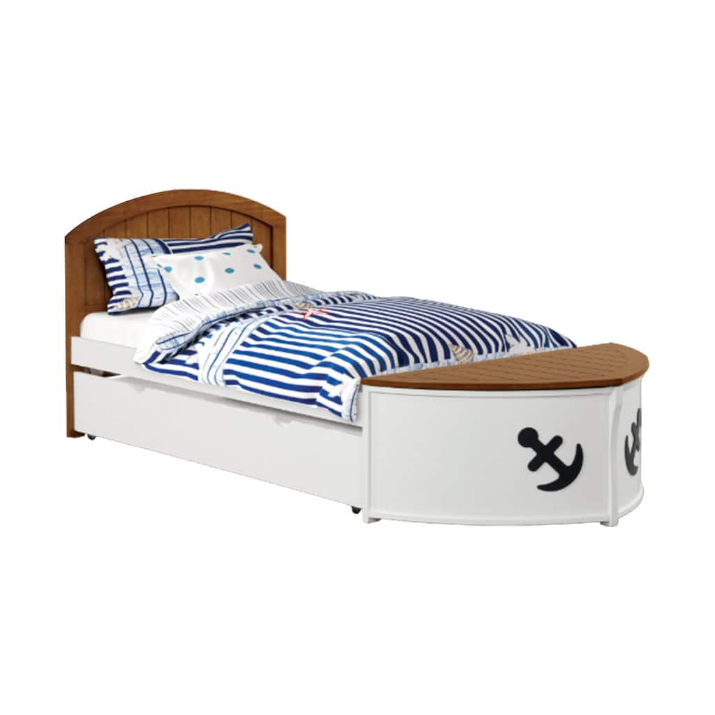Evon Twin Captain Bed w Trundle, White, Oak Brown, Nautical Coastal Theme