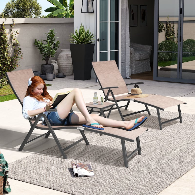 3-Pieces Outdoor Chaise Lounge Set Aluminum Adjustable Foldable Chaise Lounge Chairs and Side Table