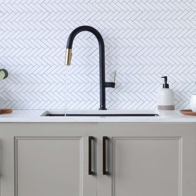 Single Handle Pull-Down Sprayer Kitchen Faucet K-141 - Height: 17.25" Spout H: 9" Spout R: 9" - Matte Black & Brushed Gold