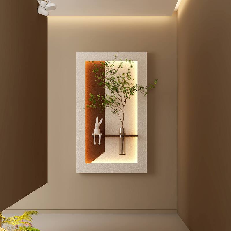 Adjustable 3-Color LED Sandstone Wall Decor with Simulated Green Plants, Glass Vase & Rabbit Statue, Remote Control Light Strips