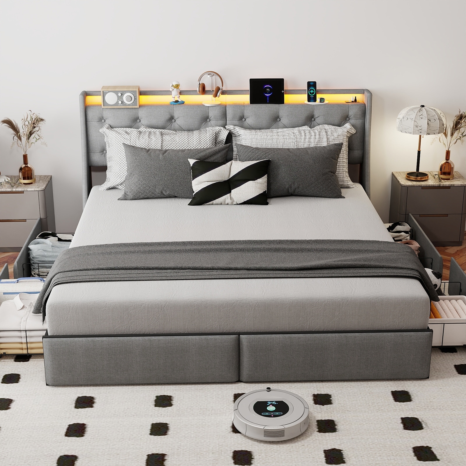 King Size Bed Frame with Storage Headboard and 4 Drawers, Metal King Bed Frame Platform with LED Light, Charging Station