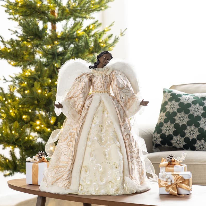Glitzhome 24"H Faux Fur & PVC Christmas Elegant African Angel Tree Topper