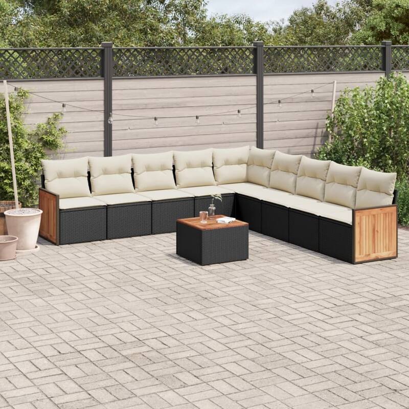 vidaXL Patio Sofa Set with Cushions Outdoor Conversation Furniture Poly Rattan - Black and Cream-With table - 24.4 x 24.4 x 27.2