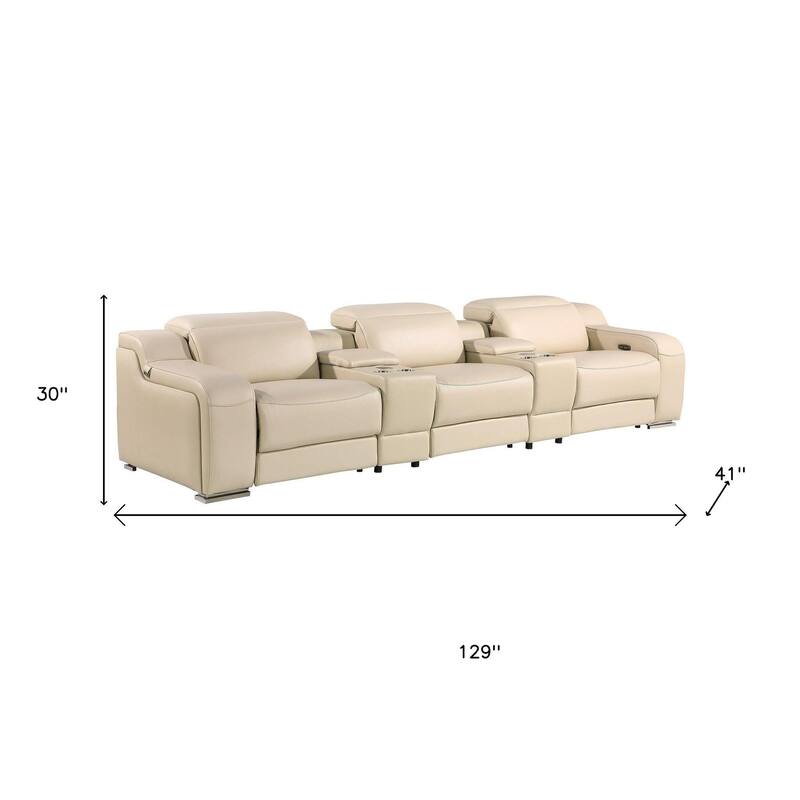 HomeRoots 129" Beige Italian Leather Reclining USB Sofa