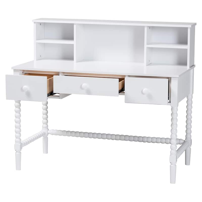 Archwood Writing Desk with Hutch - 3-Drawer Wood Desk with Bobbin Design for Home Office or Bedroom Workspace, White