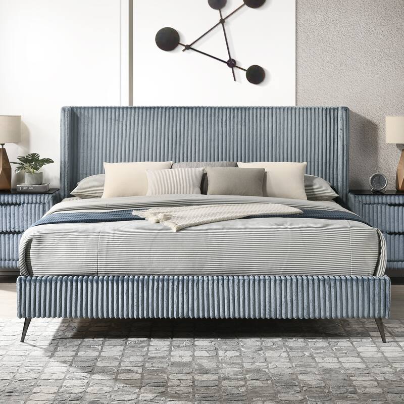 King Size Upholstered Panel Bed with Wide Wale Corduroy Fabric, Elegant Wingback Headboard, Modern Design