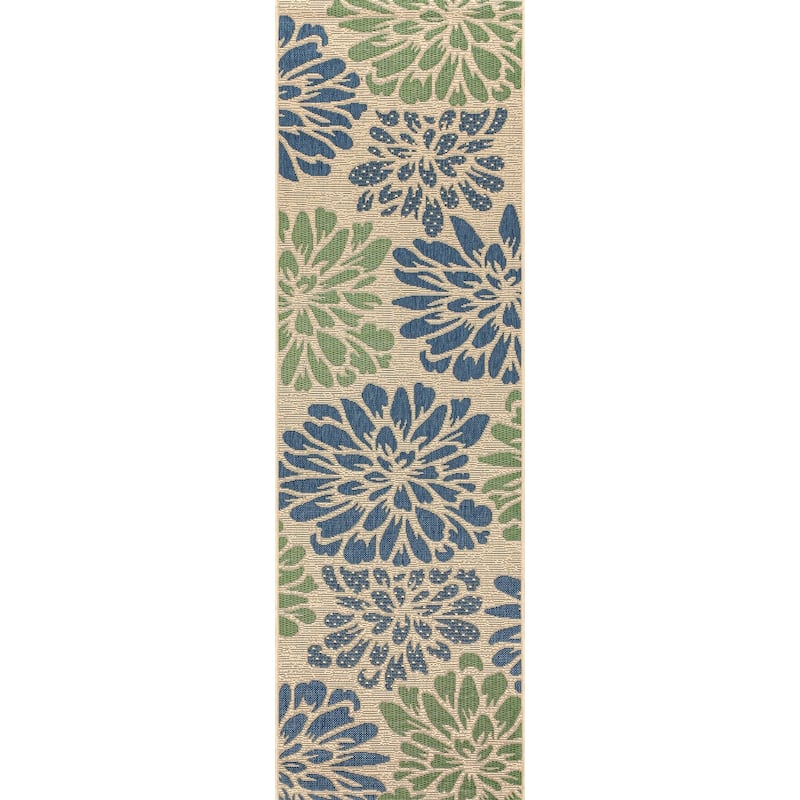 JONATHAN Y Floral Textured Weave Indoor/Outdoor Area Rug - 2 X 10 - Navy/Green