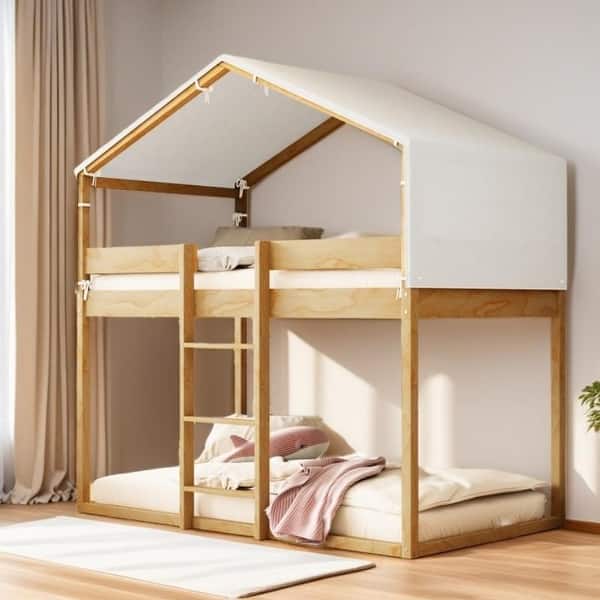 slide 2 of 23, Solid Wood Twin Over Twin Bunk Bed with Removable Kids Play Tent Natural