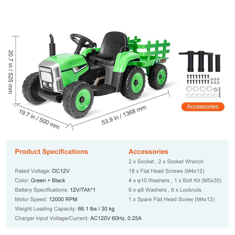 12V Kids Ride On Tractor with Trailer Remote Control Electric Vehicle - 53.9 x 19.7 x 20.7 in