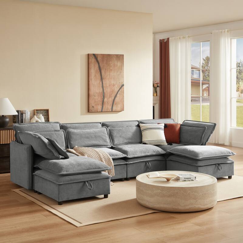 Double-Layer Cushion Modular Sofa with Storage Seat, 6-Seater Sectional Sofa for Livingroom Polyester Convertible Sofa Bed