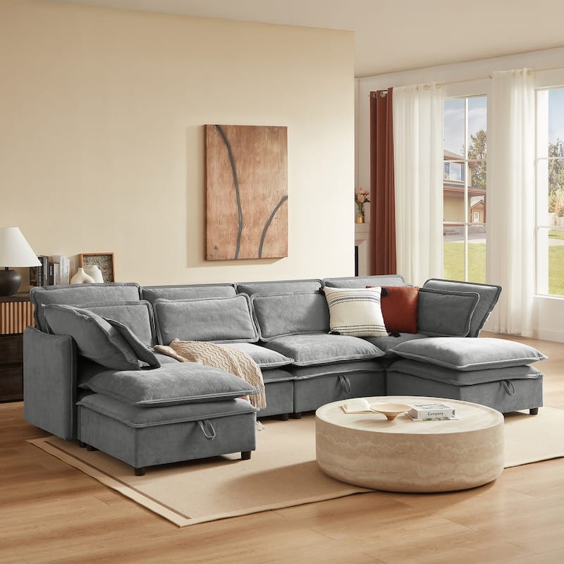 Modular Sectional Sofa, Convertible U Shaped Sofa Couch Set with Storage Ottoman and Double-Layer Cushion - Grey
