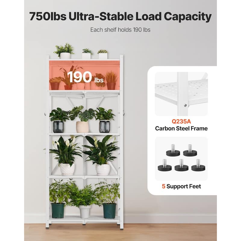 White Carbon Steel Folding Garage Storage Shelf with 5 Swivel Wheels and J-Hooks - 15 x 28 x 64 in