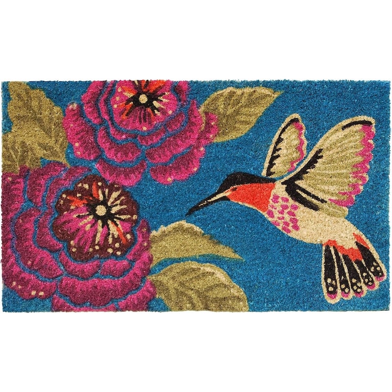 HomeRoots 17" X 29" Blue Pink And Green Hummingbird Outdoor Coir Door Mat - 17' X '29