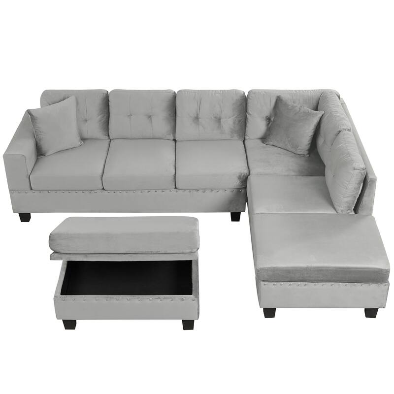 105" L-Shape Sectional Sofa with Storage Ottoman, Reversible Chaise, Pillows, Cup Holders, Gray Velvet