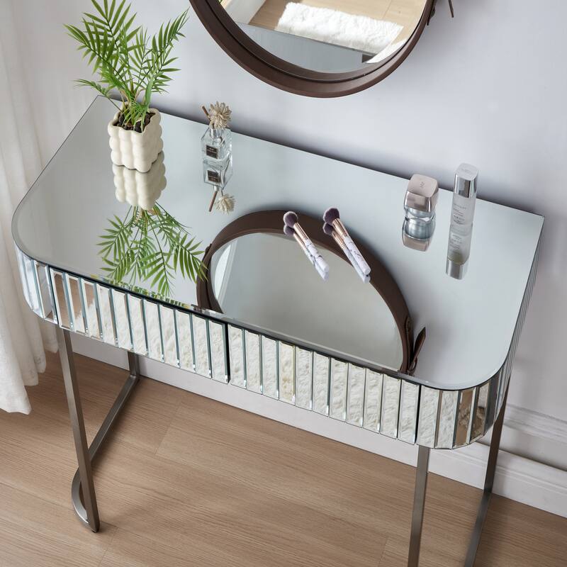 39" Mirrored Makeup Vanity Table with Stainless Steel Base - Silver