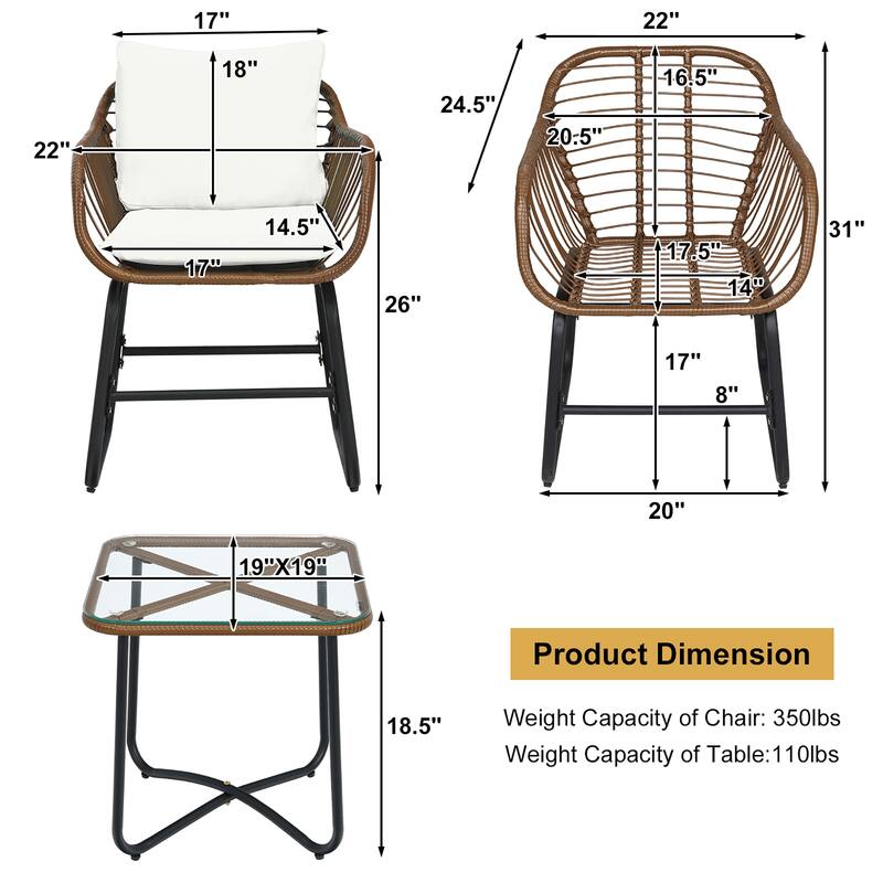 Costway 3PCS Patio Rattan Bistro Set Cushioned Chair Glass Table Deck - See Details