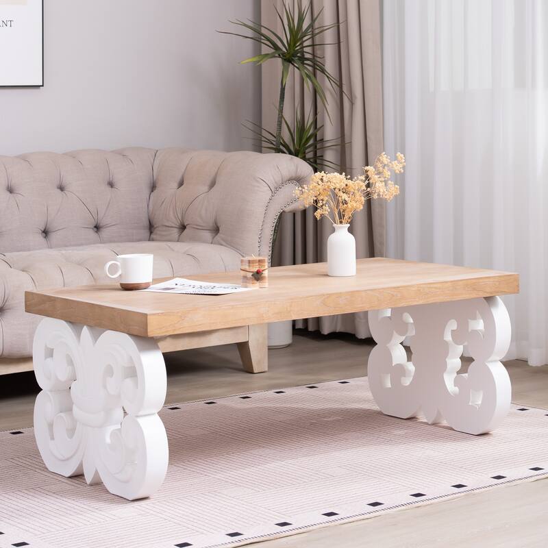 Black Scroll Base Coffee Table, Rectangular Wood Accent Table for Modern Farmhouse Living Rooms - Natural/White
