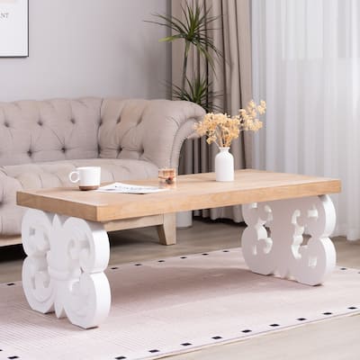 Ornate Wood Coffee Table - 47" Rectangular Farmhouse Style Table with White Carved Base and Natural Wood Top