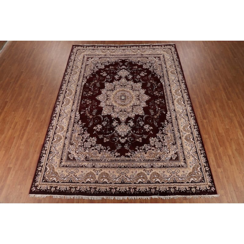 Burgundy Medallion Tabriz Area Rug Machine Made Carpet - 9'9" x 13'2"
