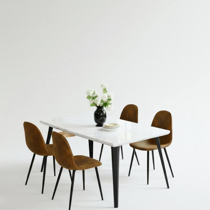 Homy Casa 5-Piece Dining Room Set with Modern White Table and 4 Upholstered Side Chairs - Brown