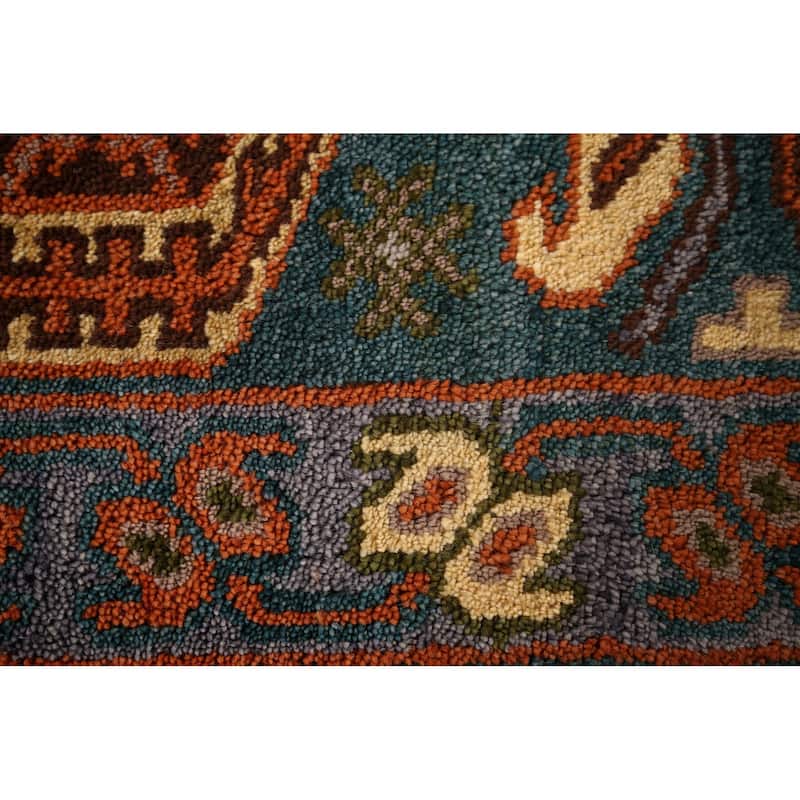 Green Geometric Kazak Indian Runner Rug Hand-Knotted Wool Carpet - 2'5"x 9'9"