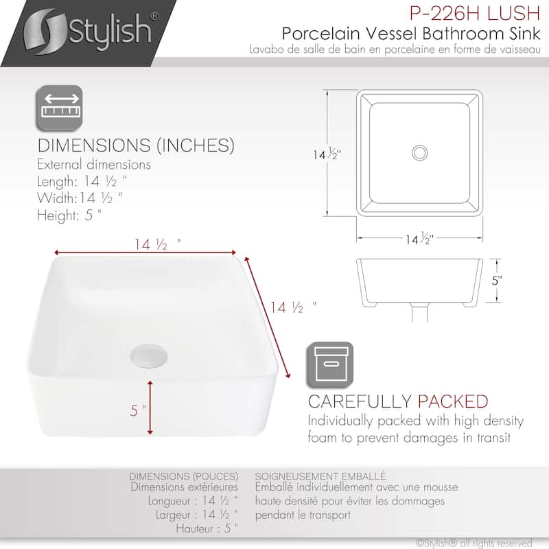 STYLISH 14 1/2 inch Square Porcelain Bathroom Sink - 14 1/2" x 14 1/2" x 5"
